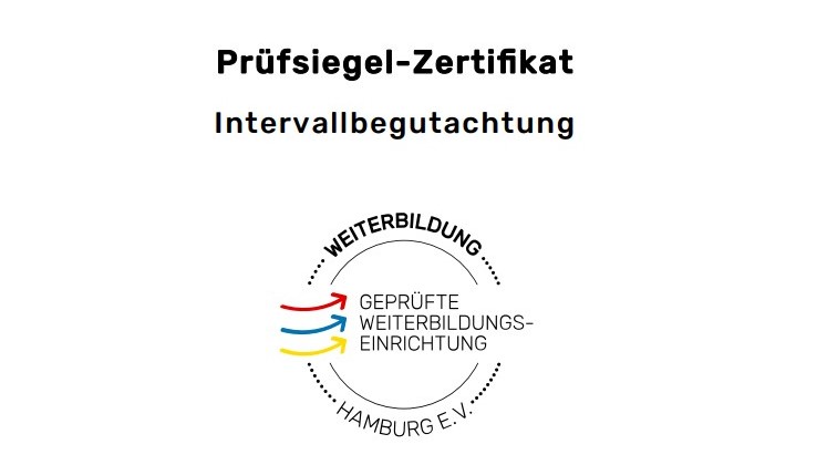 Das Bild zeigt das Prüfsiegel-Zertifikat der Intervallbegutachtung durch Weiterbildung Hamburg für die Grone Wirtschaftsakademie