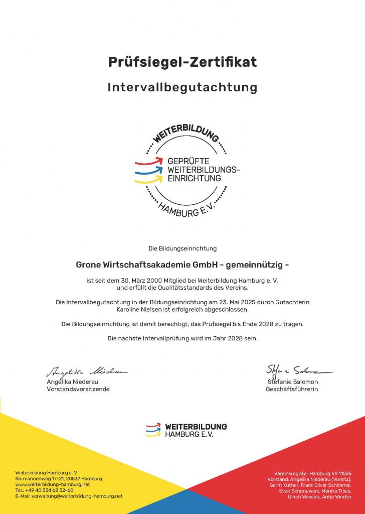 Zertifikat von Weiterbindung Hamburg e.V. für die Grone Wirtschaftsakademie.